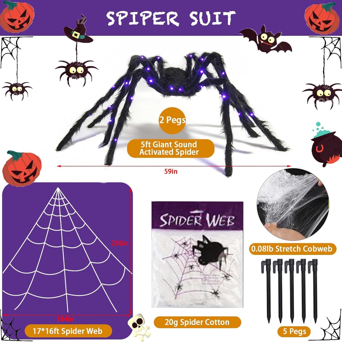 5ft Giant Light Up Sound Activated Talking Halloween Spider with Purple Lights and 17 * 16Ft Spider Web with 200sqft Stretched Cobweb for Indoor Outdoor Decorations and Yard Creepy Lighted Decor