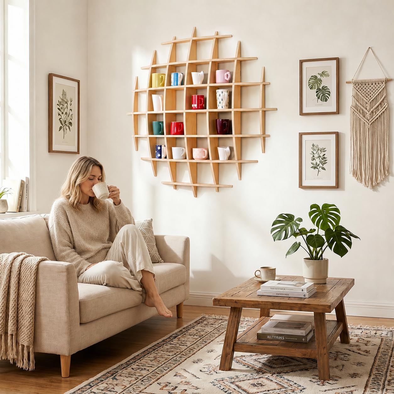 Sicrifety 46" x46"Oversize Wooden Coffee Mug Display Shelf,Rustic Wooden Floating Curio Shelf-Mug Holder for Wall,Wall Mounted Tea Cup Display Stand for Living Room Kitchen Office