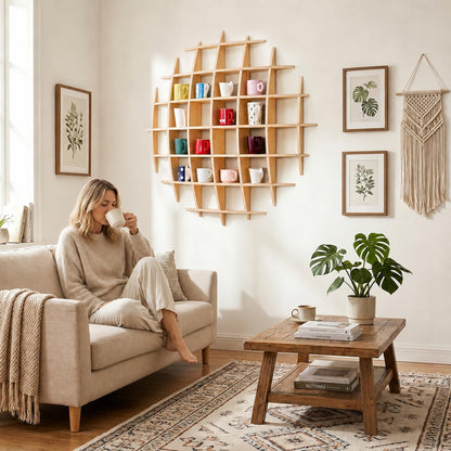 Sicrifety 46" x46"Oversize Wooden Coffee Mug Display Shelf,Rustic Wooden Floating Curio Shelf-Mug Holder for Wall,Wall Mounted Tea Cup Display Stand for Living Room Kitchen Office