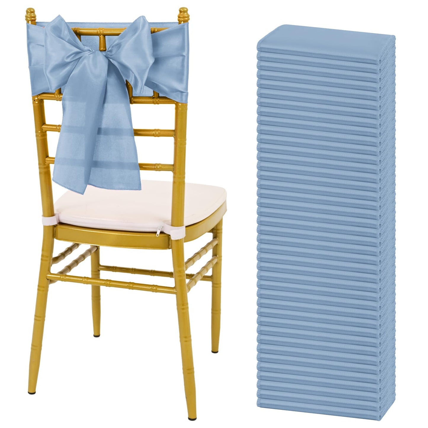 REWOMC 60 PCS 7x78 Inch Dusty Blue Satin Chair Sashes Bows Suitable for Various Occasions Such as Weddings Banquets Parties, Graduation Ceremonies Etc