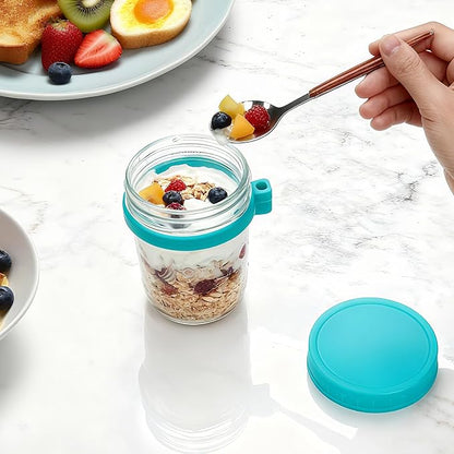 4-Pack Overnight Oats Containers with Lids and Spoons, 16 oz Glass Mason Jars with Airtight Lids and 2.7 oz Condiment Containers for Overnight Oats, Chia Seed Pudding, Yogurt, Snacks, Cereal, Fruit