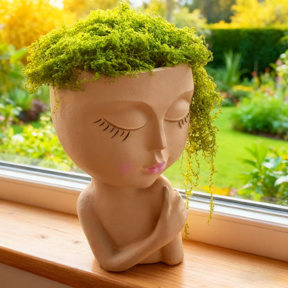 LuckyVin Face/Head Planters, Women Face Small Plant/Flower Pots with Drainage for Indoor Outdoor Succulents (Khaki)