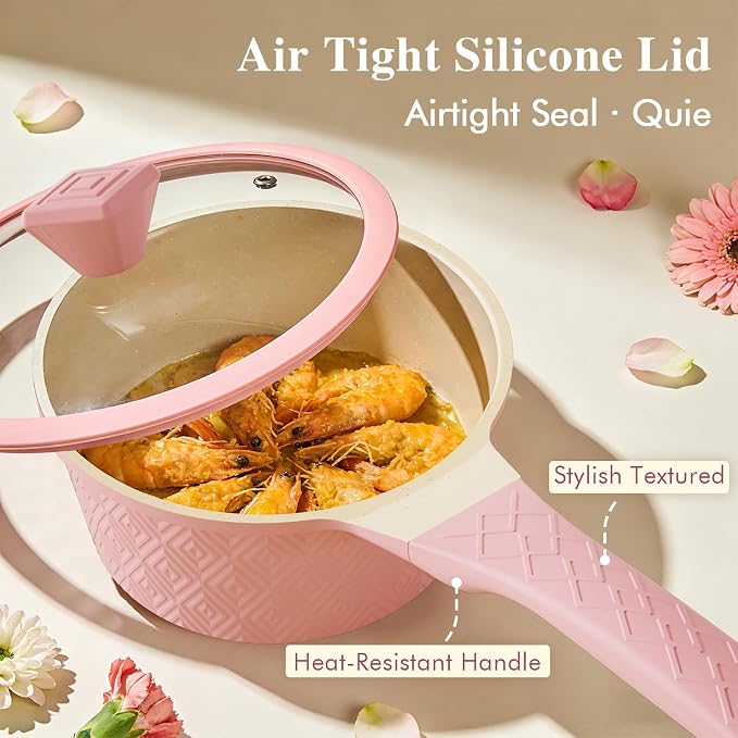 Pots and Pans Set Non Stick, 26PCS Nonstick Cookware Set, Induction Cook Ware, Includes Steamer & Silicone Utensils, Housewarming Gift, Pink Kitchen Cooking Sets w/Frying pan (PFOS, PFOA Free)