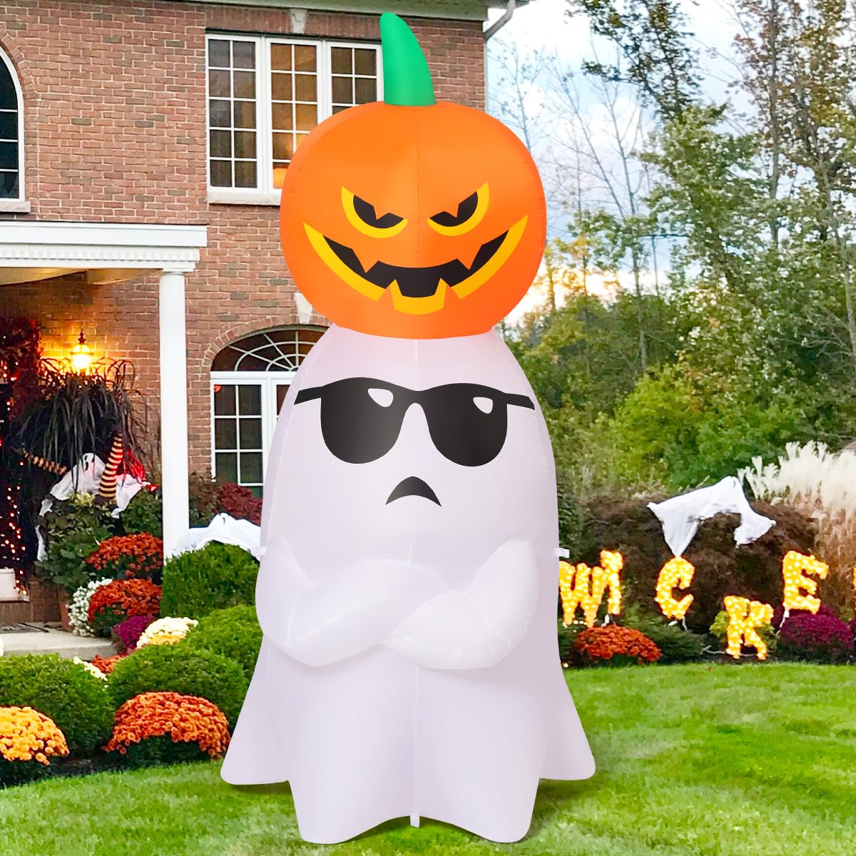 GOOSH 6.2 FT Halloween Inflatables Ghost with Pumpkin Outdoor Decorations Blow Up Yard with Built-in LEDs for Garden Lawn Indoor Party Decor