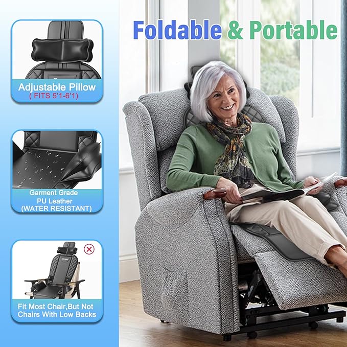comrelax Back Massager with Heat & Traction & Vibration, Chair Massager Pad, Seat Massage for Pain Relief Deep Tissue, Lumbar Traction, PU Leather, Foldable, for 5’1” to 6’1”