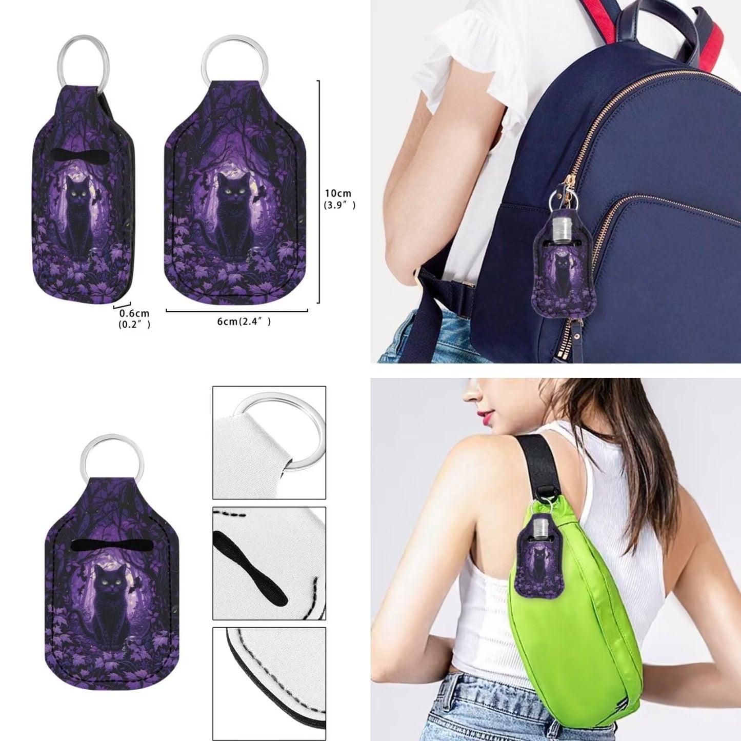 Suobstales Cat Bat Maple Leaves Print Travel Keychain Holders Kits, Halloween Decor Travel Bottle Chapstick Lanyard Keychain Holders Set Neoprene Balm Holders Pouch Makeup Storage Organizer, Set of 3