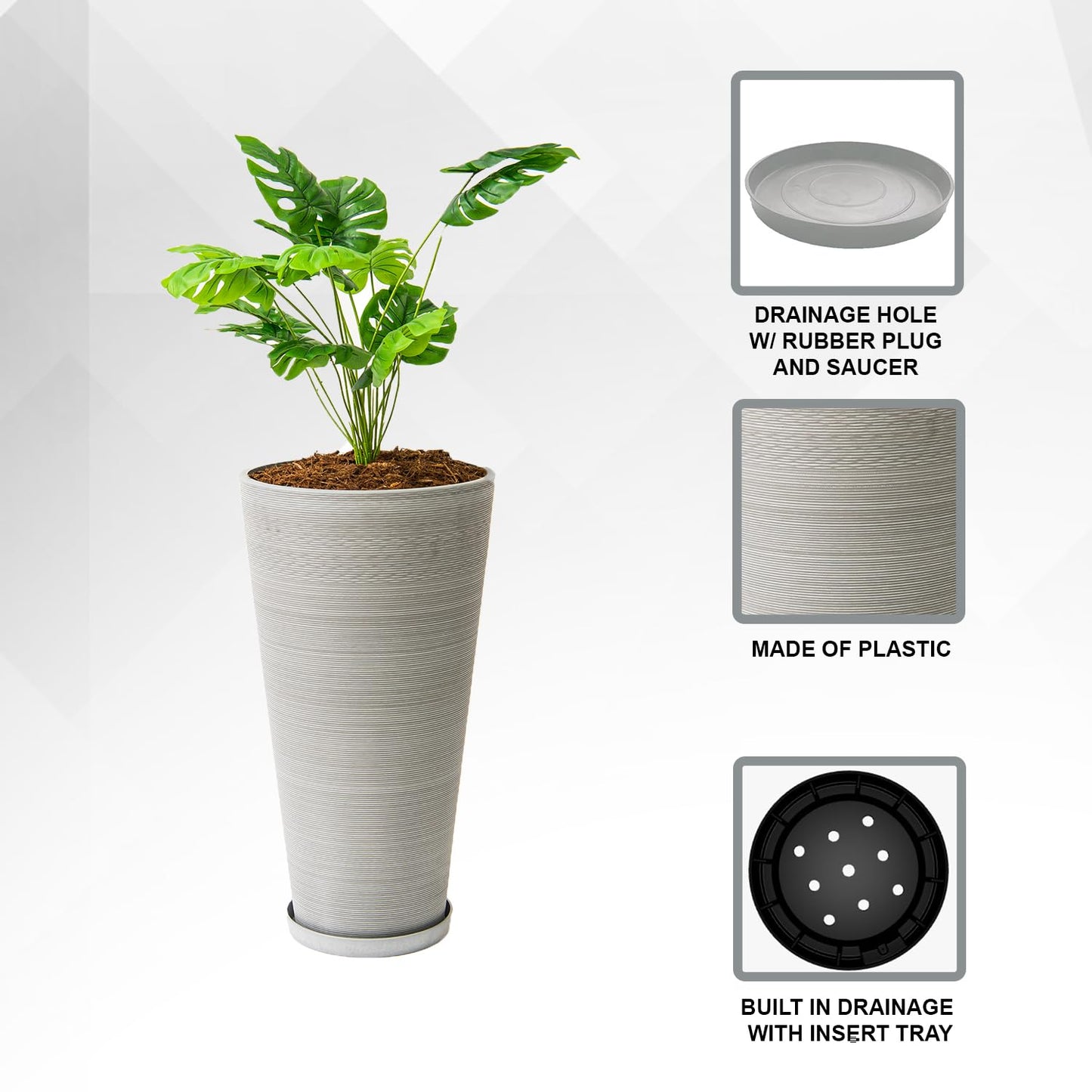 XBrand Modern 28-Inch Tall Round Planter, Modern Tapered Planter Perfect for Indoor & Outdoor Planter, Patio Décor, Gray
