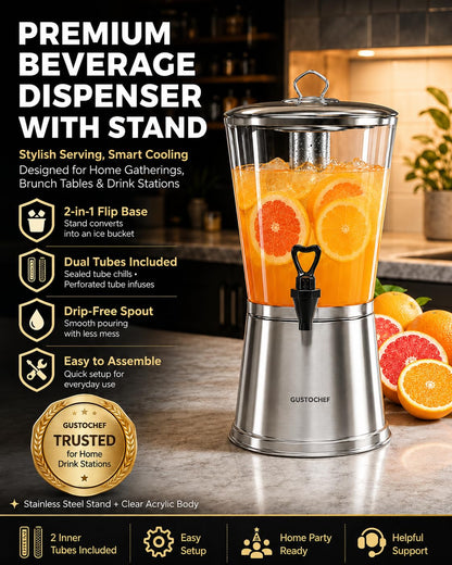GUSTOCHEF Beverage Dispenser with Stand, 2.5 Gallon Drink Dispenser for Parties,Events,Buffet &Self-Serve,Dual Ice Tube Core Fruit Infuser,Leakproof Spigot,Clear PC Container, Stainless Steel Lid&Base