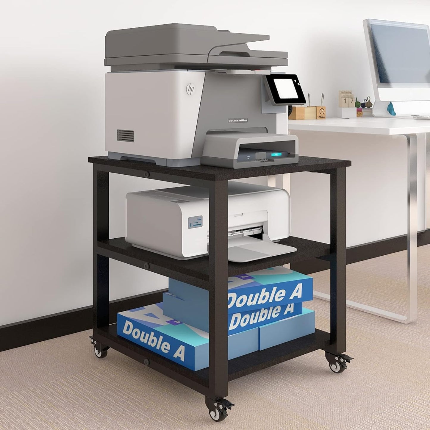 Natwind 3-Tier Laser Printer Cart,19.7''x19.7''x22.6'' Large Machine Stand,Heavy Duty Rolling Table with Storage,Floor-Standing Rack on Wheels,Paper File Organizer Shelf for Home Office (Black)