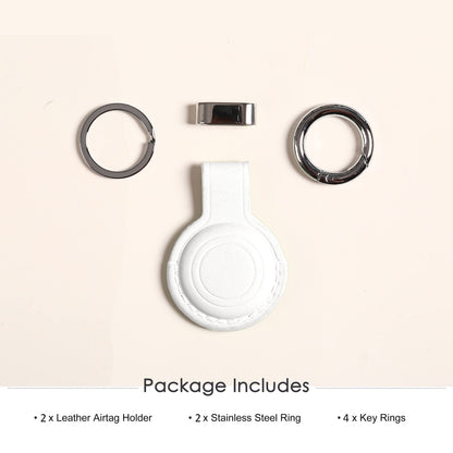 2 Pack KEEPXYZ Genuine Leather Keychain Holder Compatible with Airtag, Secure for Air Tag Keychain Holder Case Cover Key Chain Ring Accessories - White V2.0