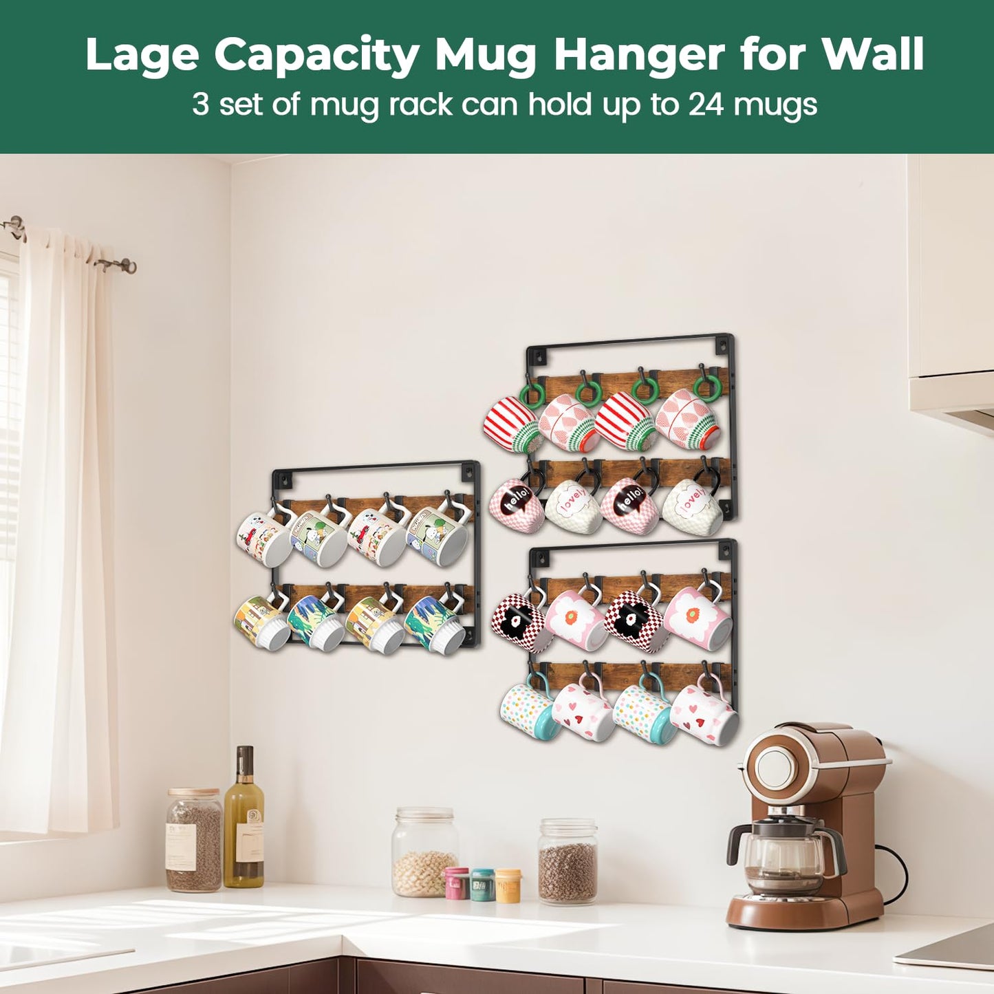 EsLuker.ly Mug Holder Hanger Rack Wall Mounted Wooden 3 Pack Coffee Cup Storage Organizer Display Shelf with 24 Movable Plastic Hooks, Ideal for Mug Collectors