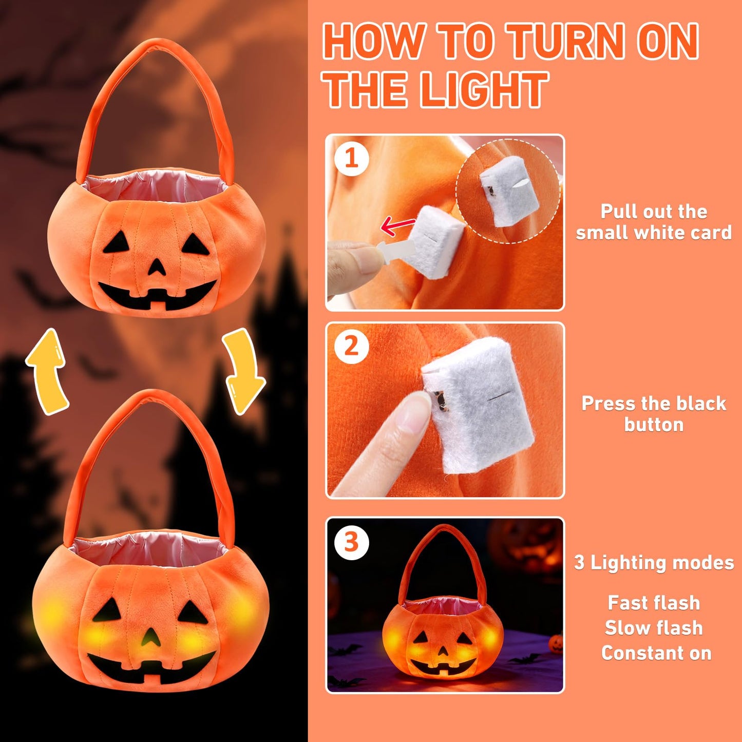 PinkSheep Halloween Trick or Treat Bucket: Light up Candy Bags for Trick or Treating Party (Pumpkin Orange)