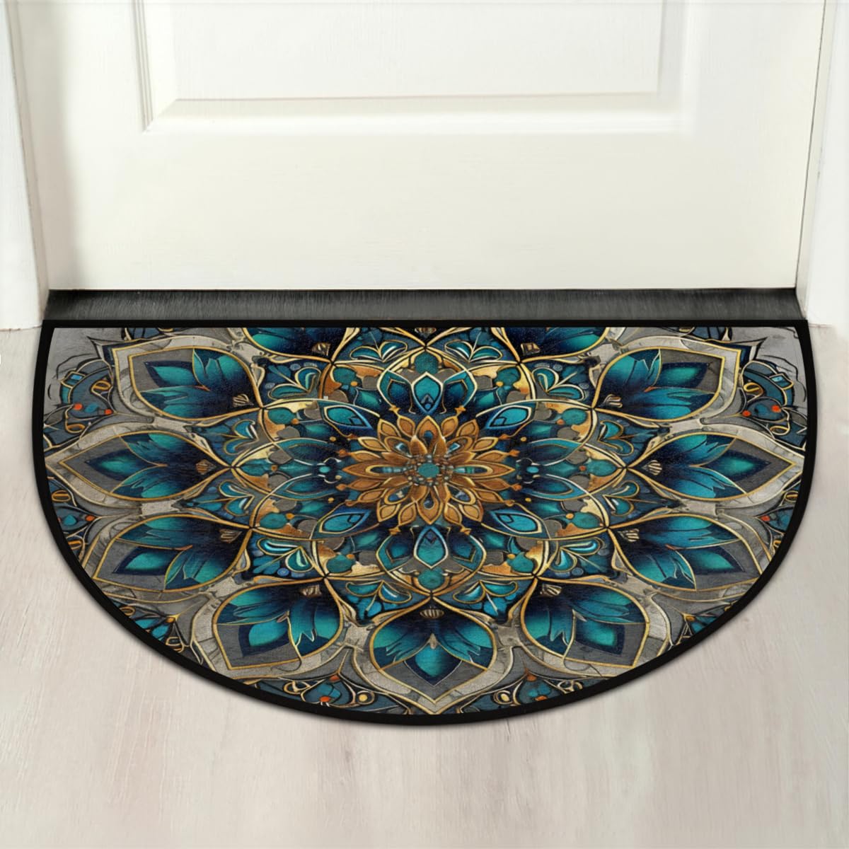 Turquoise Mandala Half Round Door Mat Indoor Entrance Semi Circle Area Rugs