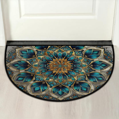Turquoise Mandala Half Round Door Mat Indoor Entrance Semi Circle Area Rugs