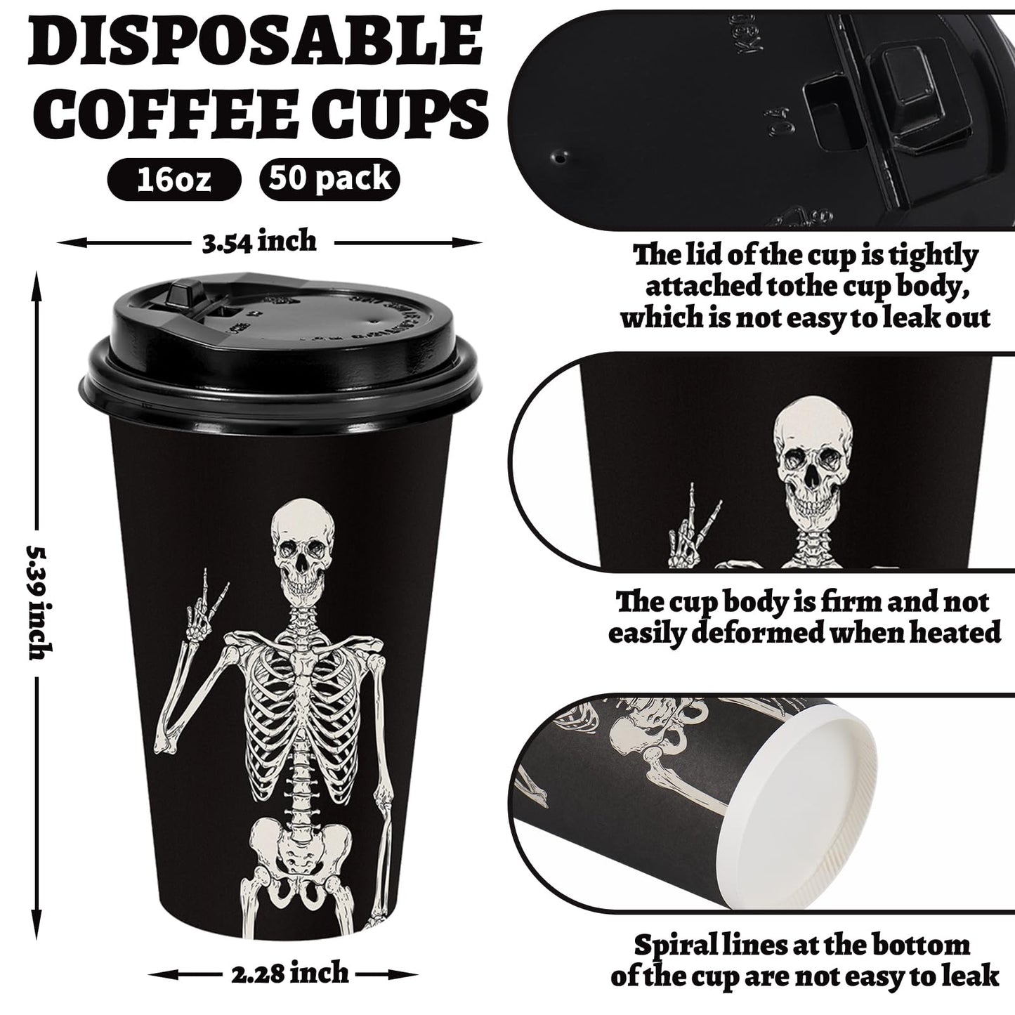 JarThenaAMCS 50Pcs Halloween Coffee Cups 16 Oz Smiling Skeleton Paper Cup with Lid Disposable Black Drinking Cups for Hot Cold Drink Trick or Treat Party Supplies
