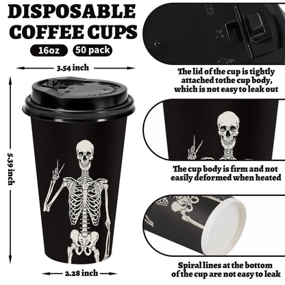 JarThenaAMCS 50Pcs Halloween Coffee Cups 16 Oz Smiling Skeleton Paper Cup with Lid Disposable Black Drinking Cups for Hot Cold Drink Trick or Treat Party Supplies