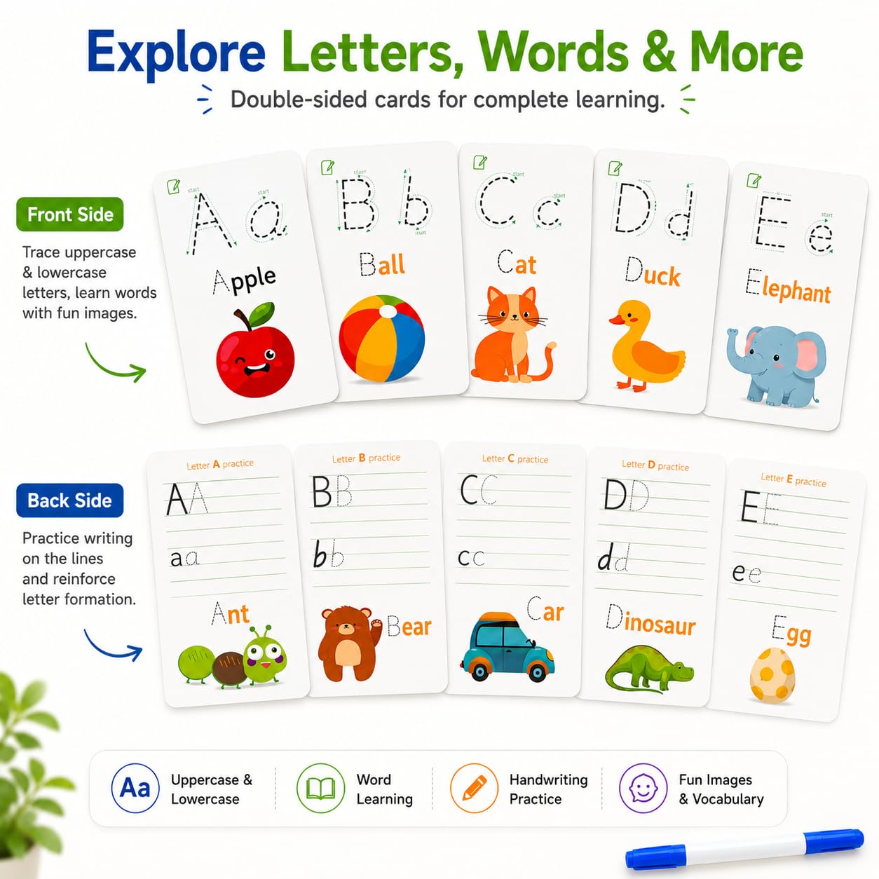 Write & Wipe Activity Cards for Kids, Reusable Tracing Flash Cards, Preschool Handwriting Practice Set, Letter Number Math Learning Activities Ages 3-6 (Letter Tracing)