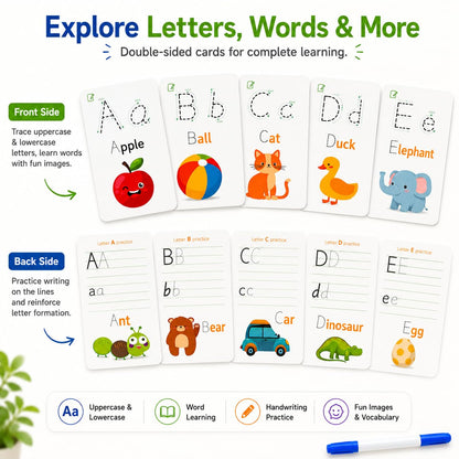 Write & Wipe Activity Cards for Kids, Reusable Tracing Flash Cards, Preschool Handwriting Practice Set, Letter Number Math Learning Activities Ages 3-6 (Letter Tracing)