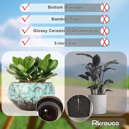 Rkrouco Ceramic Plants Pots 3 Inch Set of 4 Flower Pots with Drainage and Bamboo Tray for Indoor/Outdoor Small House Plants,Foliage Plant
