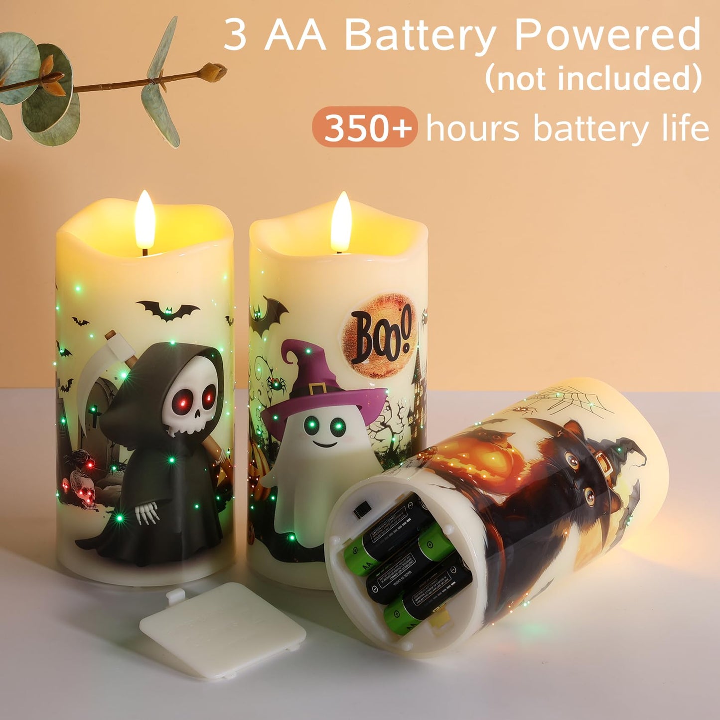 Eywamage Fiber Optic Halloween Flameless Candles with Remote, Flickering Battery Operated LED Pillar Candles Set of 3