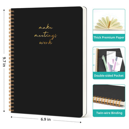 6 Pack of Meeting Notebook for Work Organization - Work notebook with action items, Meeting Minutes Planner Notebook, Perfect Office Supplies for Men & Women - Black