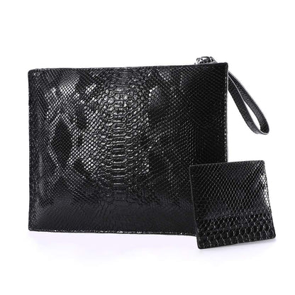 NIGEDU Women Clutches Fashion Snakeskin PU Leather Party Envelope Purse Bag with Hand Strap (Black)
