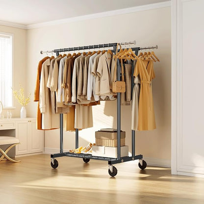HYSEYY Heavy Duty Clothes Rack, Rolling Clothing Rack for Hanging Clothes with Shelves Load 700LBS,Portable Garment Wardrobe Closet Rack with Wheels for Bedroom,Laundry Room,Retail Store,Black