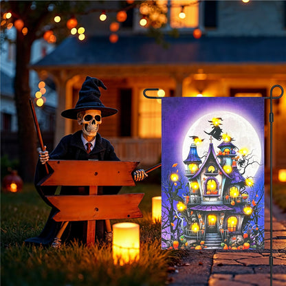 Vigor Home Solar Lighted Halloween Garden Flag Double Sided 12×18 Inch, 8 Modes Led Small Vertical Haunted House Pumpkin Witch Full Moon Yard Flags for Outside Front Porch Lawn Outdoor Decor