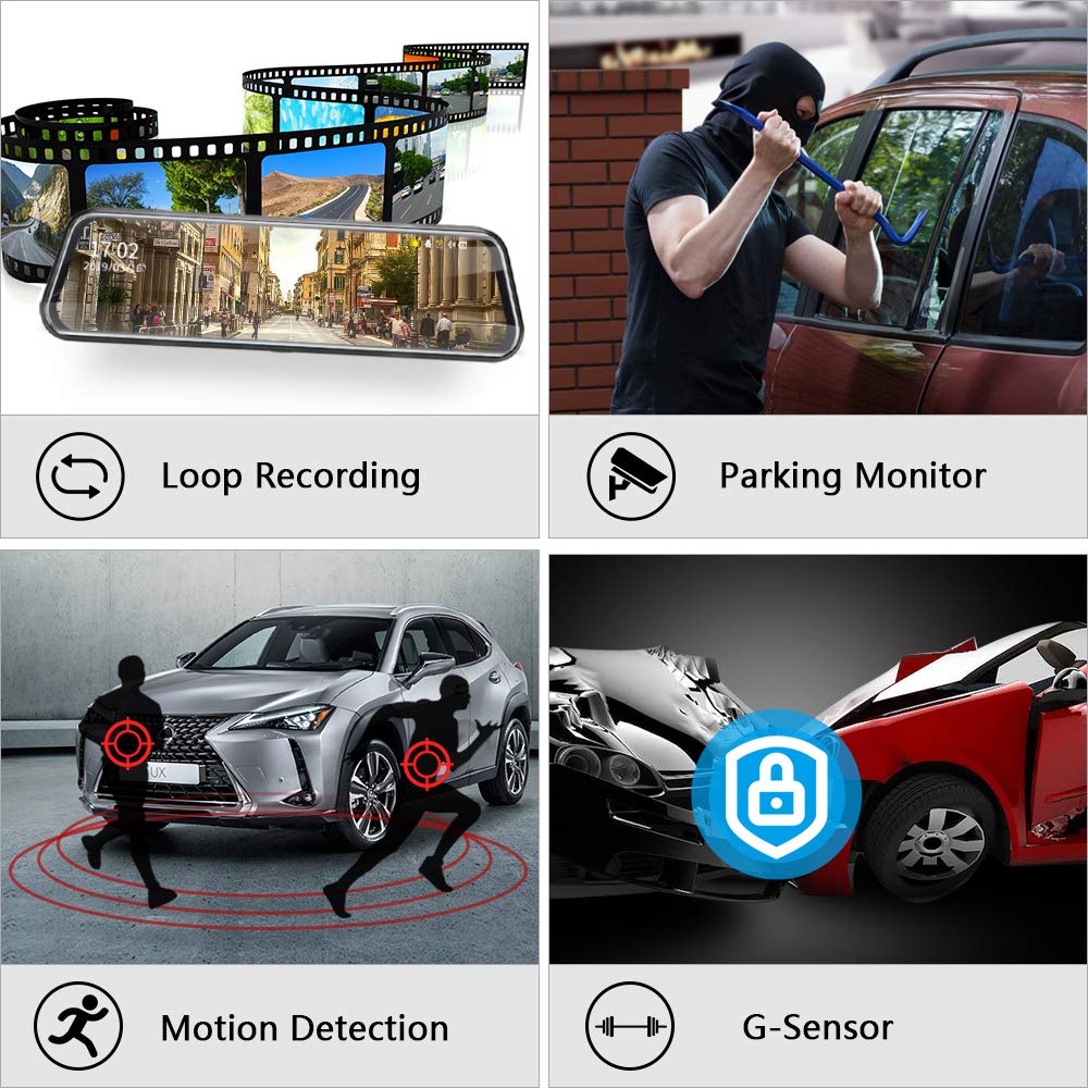 Upgraded 10'' Rear View Mirror Camera Mirror Dash Cam Front and Rear 1080P Backup Camera Full Touch Screen w Loop Recording, G-Sensor Night Vision 170° Wide Angle