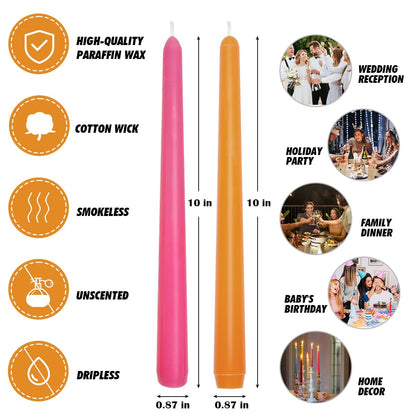6-Pack Orange and 6-Pack Hot Pink Taper Candles, 10 Inch Unscented Dripless Candlesticks, Long-Lasting Burn Time of 7-8 Hours, Perfect for Home Décor Dinner Party