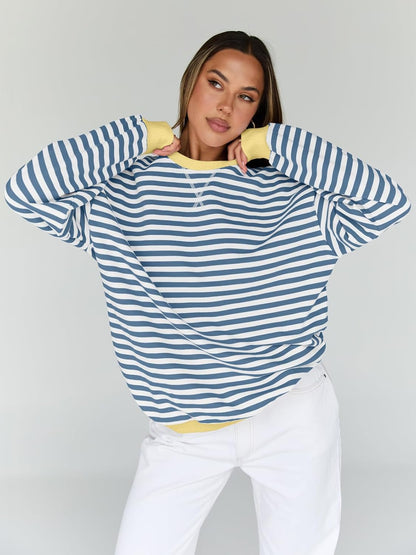 Trendy Queen Oversized Sweatshirt for Women 2025 Fall Crewneck Striped Long Sleeve Shirts Hoodies Cute Top Y2K Outfits