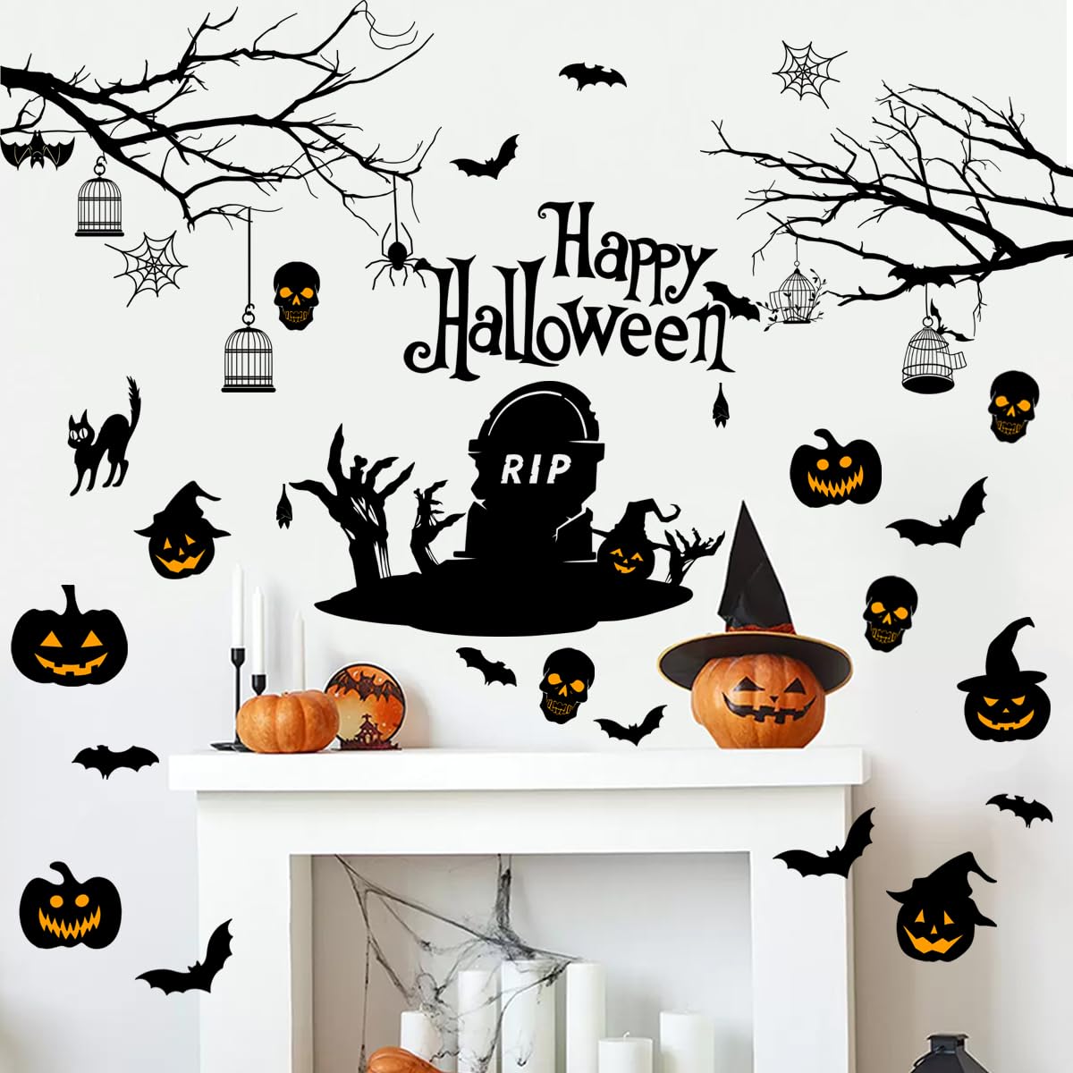 Happy Halloween Wall Decals DIY Black Tree Branches Bat Wall Stickers Funny Boo Pumpkin PVC Home Decal Self-Adhesive Festival Decoration for Holiday Home Party Classroom Office