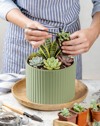 Swkien Ceramic Plant Pots, 8.1 + 6 Inch Planters for Indoor Plants, Modern Flower Pot for Plant with Drainage, Medium Cylinder Flower Pots for Indoor/Outdoor, House Plants, Matte Green