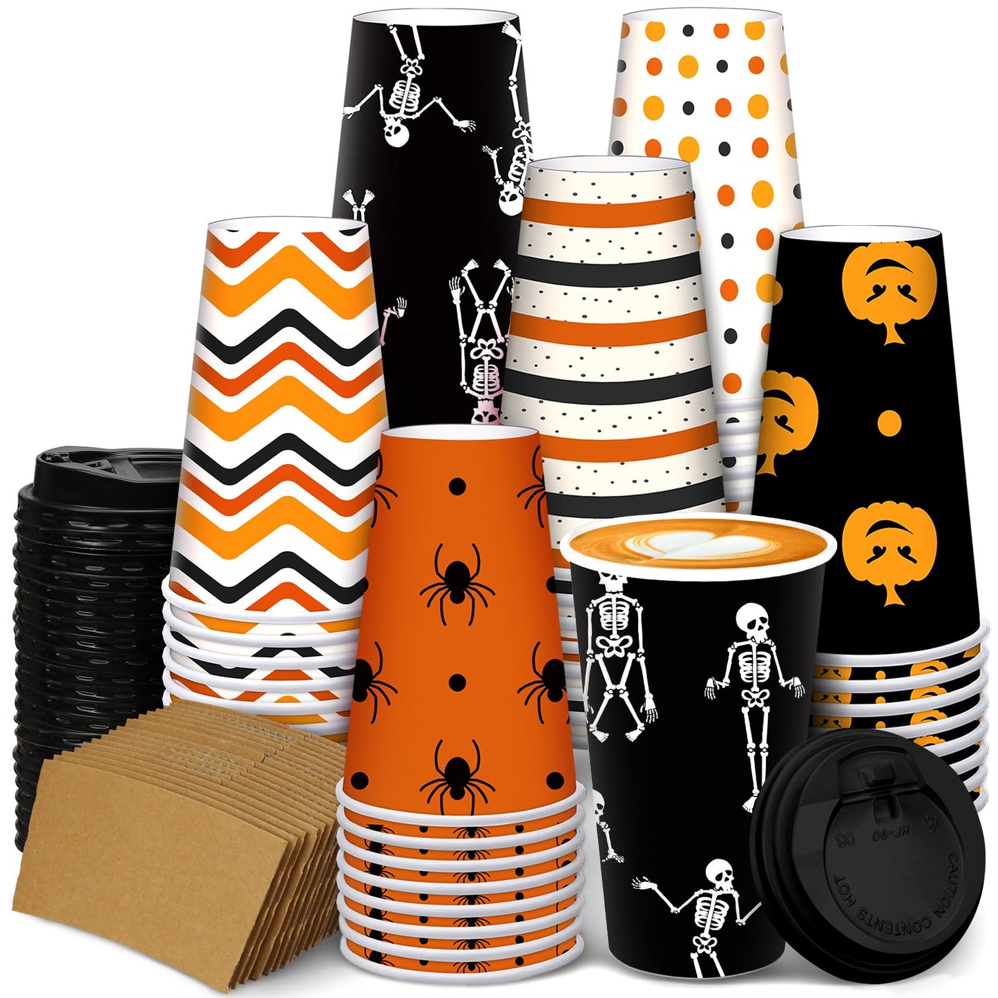 Sosation 90 Pcs/ 30 Sets Halloween Disposable Coffee Cups with Lids and Sleeves 16 oz Pumpkin Spider Skeleton Paper Cups for Hot Chocolate Beverage Tea Halloween Party Decoration