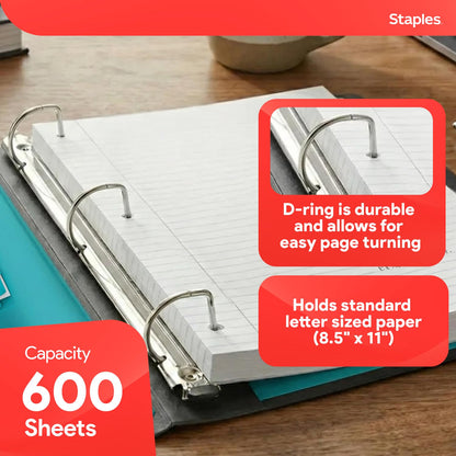 Staples Heavy-Duty 3-Inch D-Ring Binder, Teal – Large Capacity 3-Ring Binder with Pockets, Holds Up to 600 Sheets