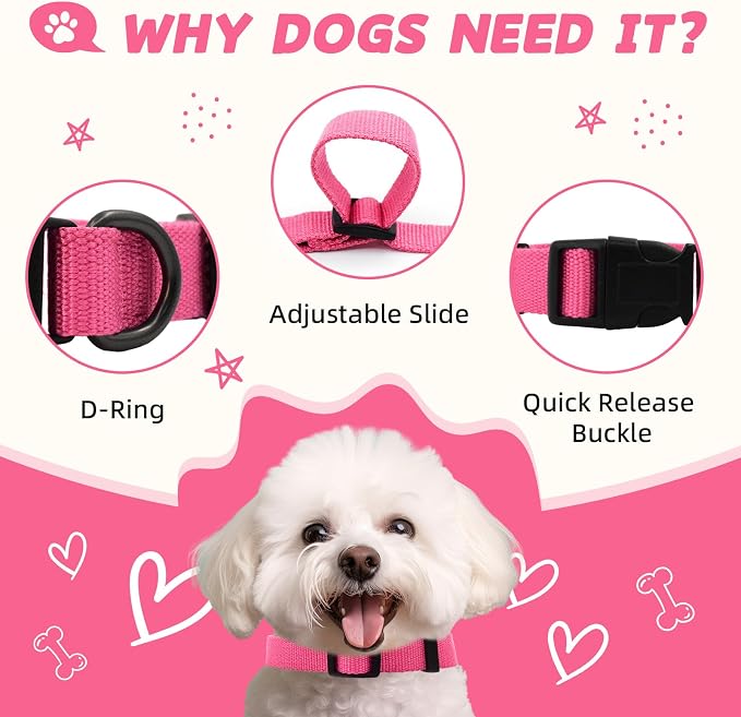 Rose Pink Dog Collar for Small Size Dogs Soft and Breathable of 90% Rayon from Bamboo and 10% Polyester Comfortable Skin-Friendly, Adjustable Collar with Quick Release Buckle