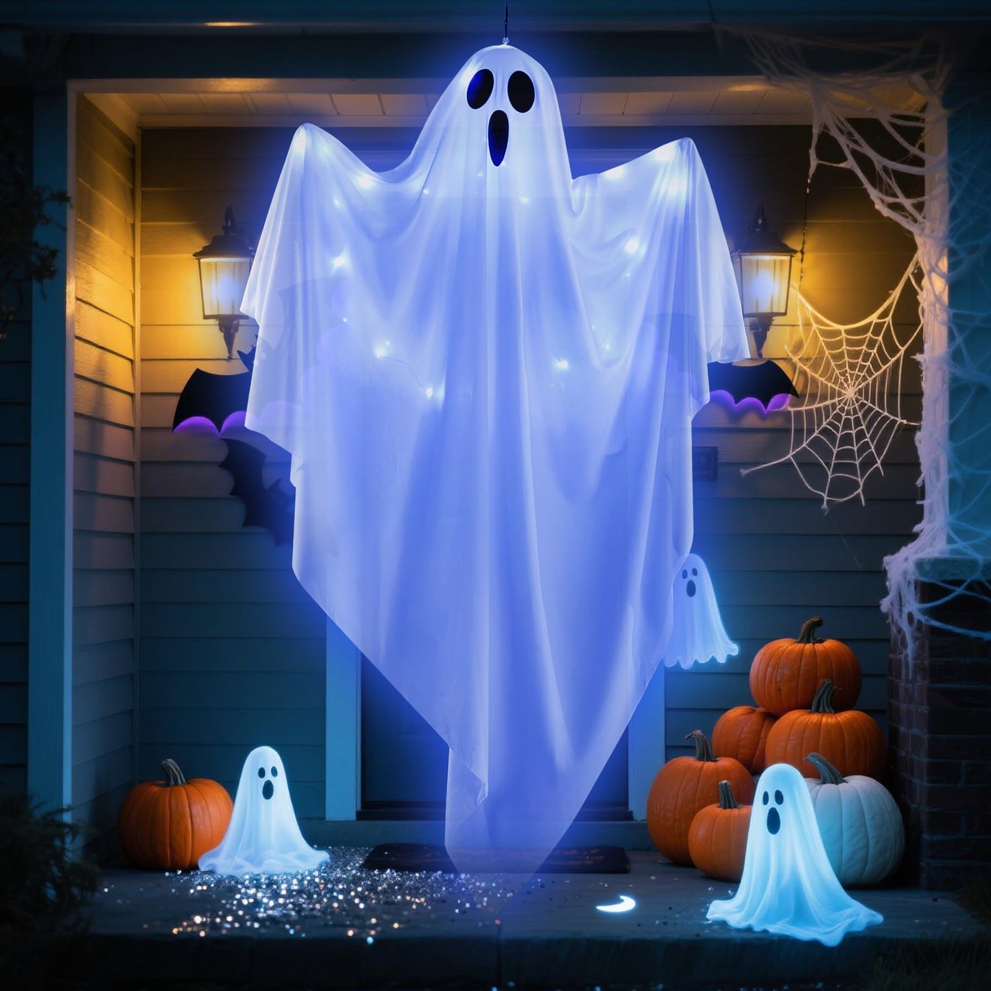 Hogrance Halloween Decorations Outdoor, White Hanging Ghost Hanging Light up with Blue LED Light, Halloween Window Decoration for Front Yard Patio Lawn Garden Party Decor Indoor Outside (Blue)