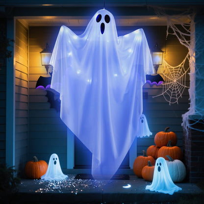 Hogrance Halloween Decorations Outdoor, White Hanging Ghost Hanging Light up with Blue LED Light, Halloween Window Decoration for Front Yard Patio Lawn Garden Party Decor Indoor Outside (Blue)