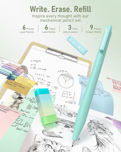 Four Candies 39 PCS Aesthetic Stationery Set with Cute Pen Case, College Supplies and Nursing Student Essentials, 12 Pastel Highlighters, 5 Black Gel Pens, 6 Mechanical Pencils, Green