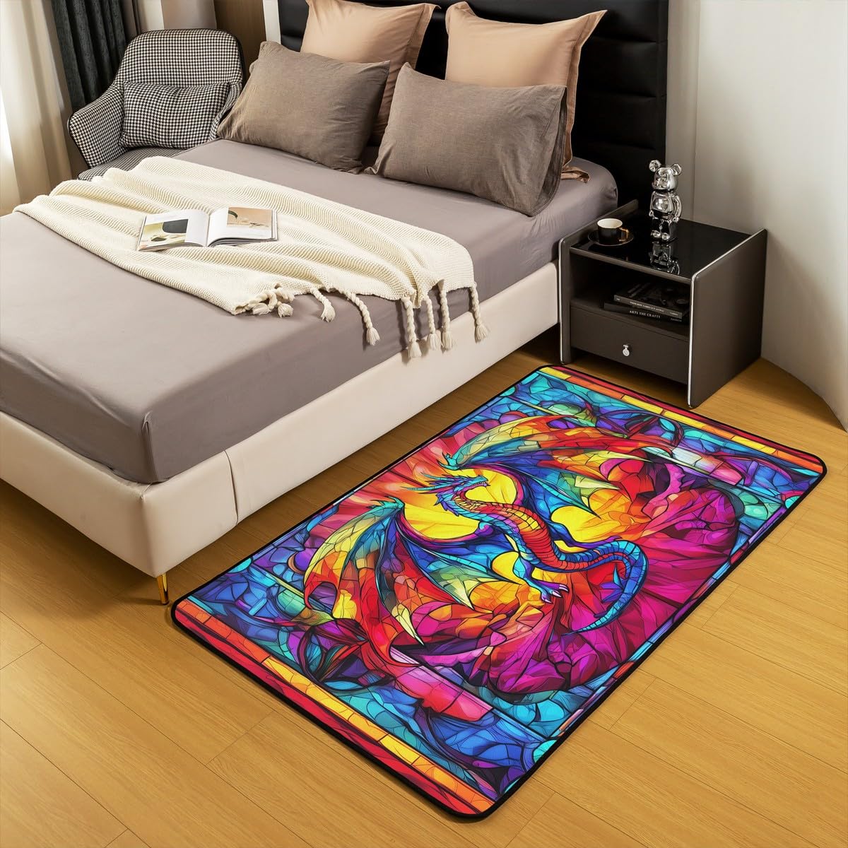 Flying Dragon Kids Area Rug,Western Wing Dragon Gothic Halloween Mats Rugs for Boys Girls,Geometric Abstract Modern Bath Carpets,Rainbow Retro Bath Rugs,Absorbent Floor Mats,5'x6'6''