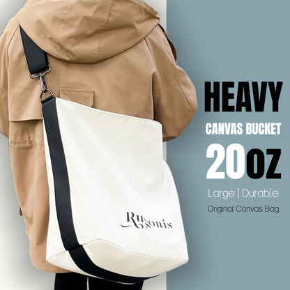Rugonis Heavy Duty Canvas Bucket Bag for Women & Men - 25L Large Capacity Waterproof Tote with Detachable Wide Padded Strap, Grocery Shopping, Travel, Commute, RV Organizer, 20oz Canvas