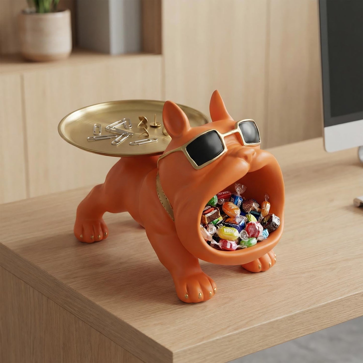 QDDTRAHCCLJZ French Bulldog Tray Sculpture – Multifunctional key tray and candy bowl, resin bulldog statue, suitable for entryway tables, office desks, living room use, home decor gift. (orange)