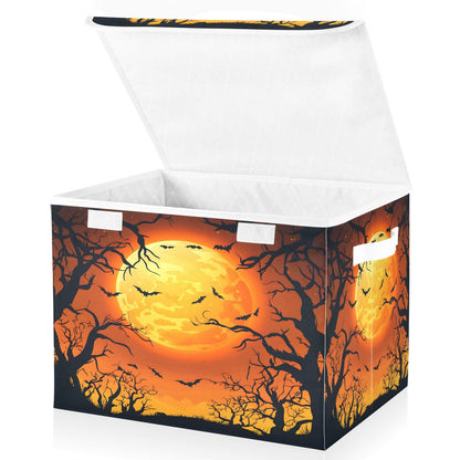 Bolaz Storage Bins with Lids and Handles,Halloween Moon Tree Storage Box Basket with Cover Collapsible Organizer Containers for Home Closet, Shelves