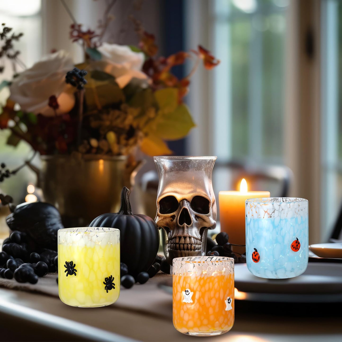 Reallnaive 3 Pcs Halloween Drinking Glasses Cups 14 oz Ghost Pumpkin Spider Icon Juice Glass Cups Halloween Stemless Wine Glasses for Holiday Drinkware Friends Lovely Gifts Party Decoration