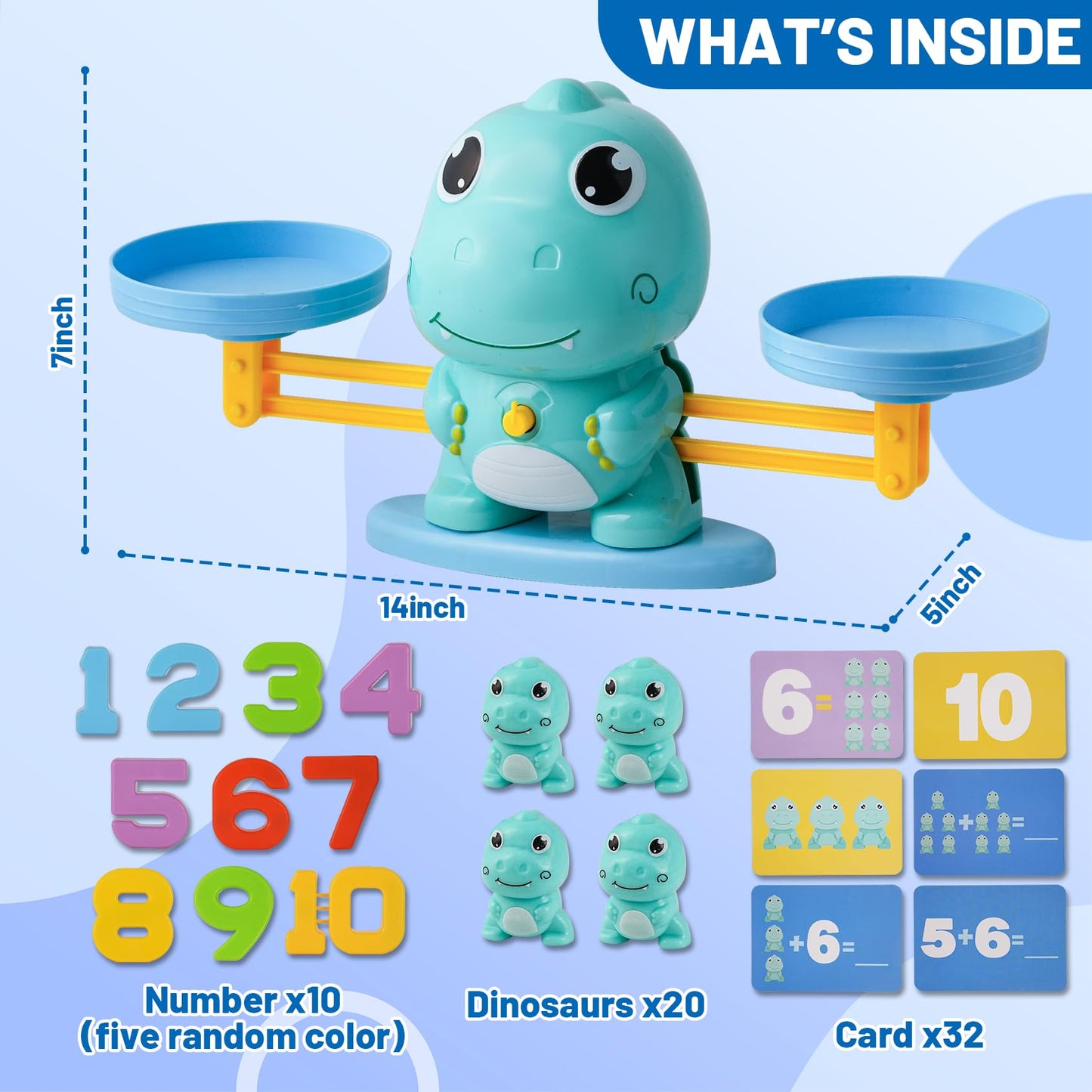 ISMETACU Dinosaur Math Balance Toy for Kids Ages 3-7, Montessori Number Blocks Learning & Educational Dinosaur Toys for Kids 3-5 and Math Games for Kids 5-7,Ideal Gift for Kids (Basic Blue)