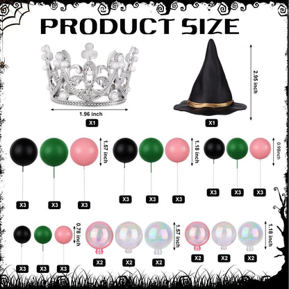 50 Pcs Witch Theme Party Supplies Balloons Cake Topper Black Green Pink Mini Balloons, Silver Plastic Crown and Black Women Witch Hat Fantasy Cake Decoration Balls for Birthday Cake Decoration