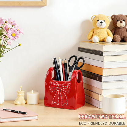 elephtree Bow Ceramic Pen Holder for Desk, Cute Pen Holder for Desk & Makeup Brush Holder, Multi‑Use Toothbrush Holders, Girly Desk Accessories for Office, Bathroom, Vanity Gift for Women Girls