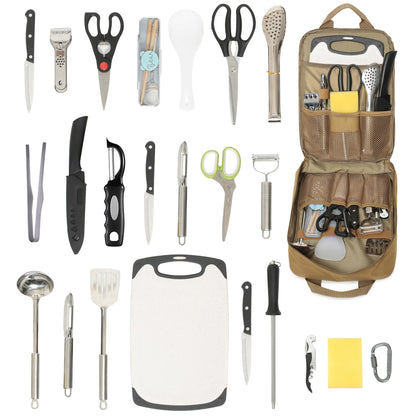 Lemubeane Tactical Camp Kitchen Organizer Camping Cooking Utensils Bag for BBQ, Picnic, Travel & Hiking (Khaki)