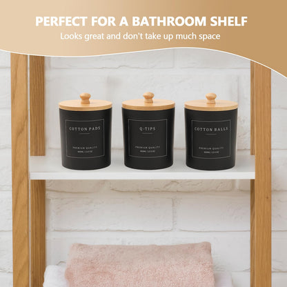 3 Pack Qtip Holder - Bathroom Organizers and Storage, Cotton Round Pad Dispenser Floss Pick Holder with Tray, Glass Apothecary Jars with Lids, Cotton Ball Container - Black