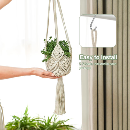 XINBOR Hanging Planter with Patterns,2Packs Macrame Plant Hangers Indoor Macrame for up to 8 inch Pot Crochet Boho Plant Hanger Holder for Indoor Outdoor with 2S Shaped Stainless Steel Hooks (White)